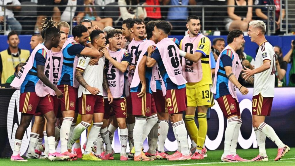 Soccer Football - FIFA World Cup 2026 - Semi Final - France v Spain - Dallas Stadium, Arlington, Texas, U.S. - July 14, 2026 Spain's Pedro Porro celebrates scoring their second goal with teammates IMAGN IMAGES via Reuters/Maria Lysaker
