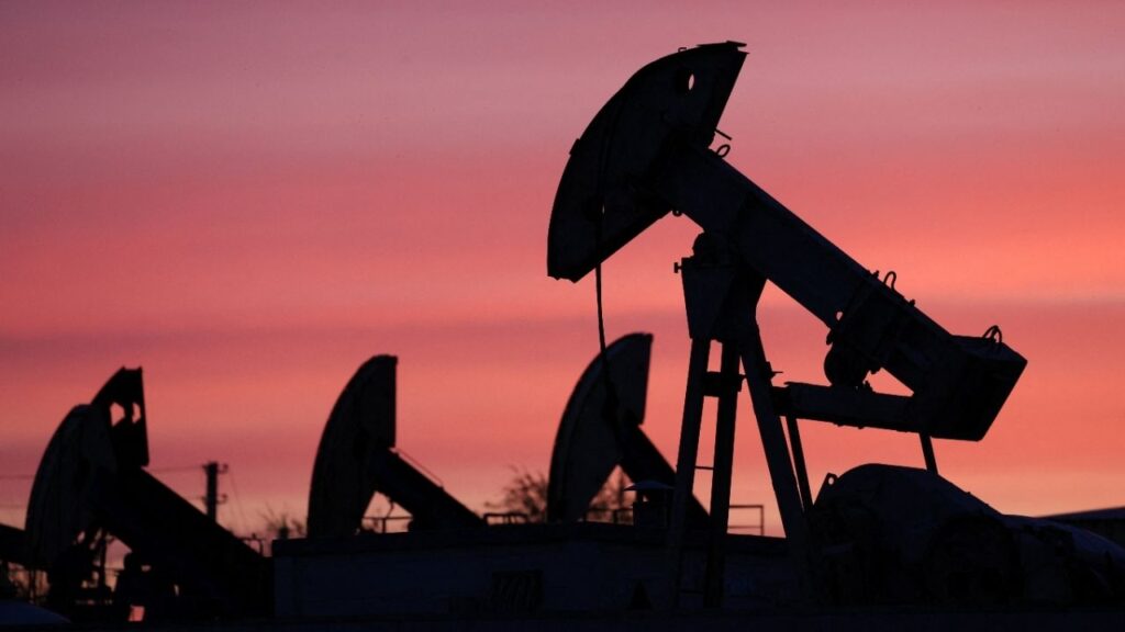 Sunset clouds glow over pump jacks at the Airankol oil field operated by Caspiy Neft in the Atyrau region, Kazakhstan, April 21, 2026. (Reuters/Pavel Mikheyev)