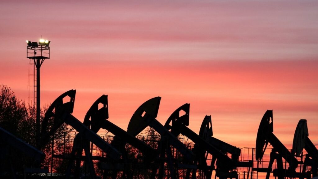 Sunset clouds glow over pump jacks at the Airankol oil field operated by Caspiy Neft in the Atyrau region, Kazakhstan, April 21, 2026. (Reuters/Pavel Mikheyev)