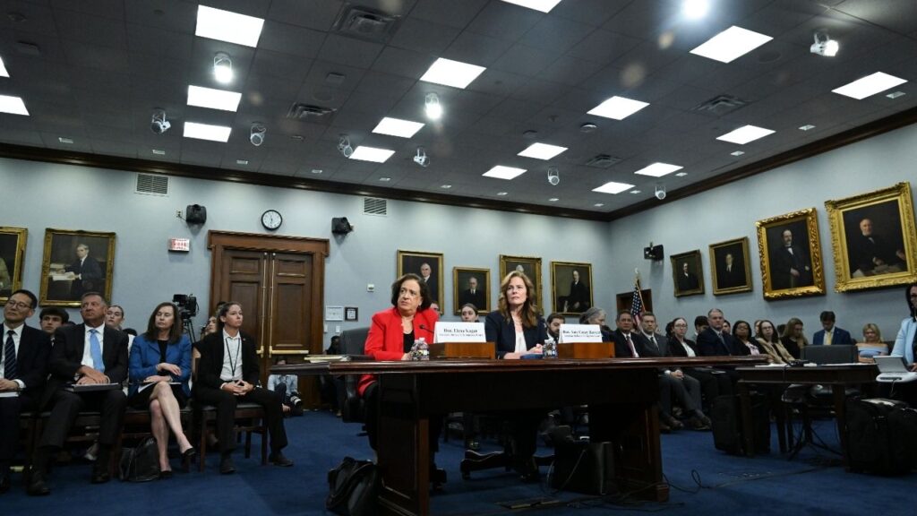 Supreme Court Justices Elena Kagan, left, and Amy Coney Barrett testify before the House Committee on Appropriations on Capitol Hill in Washington, on Tuesday, July 14, 2026. Elena Kagan and Amy Coney Barrett, the first Supreme Court justices to testify since 2019, talked about ethics, security threats during a collegial hearing. (Kenny Holston/The New York Times)