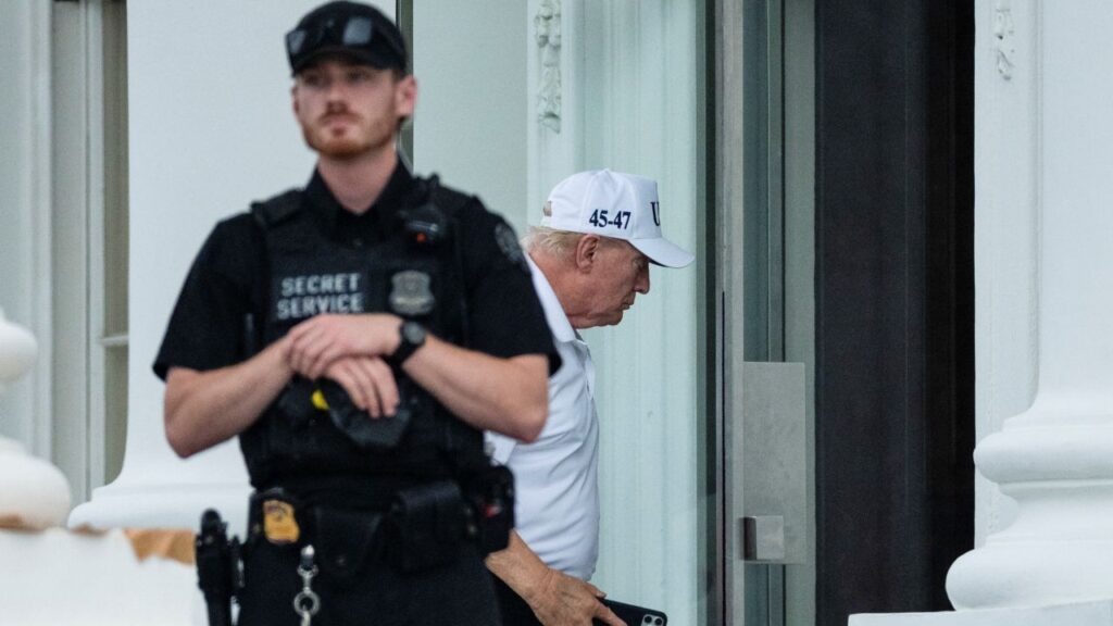 Image of President Trump in golf clothes facing right and walking into the White House behind an armed Secret Service agent dressed in a black uniform