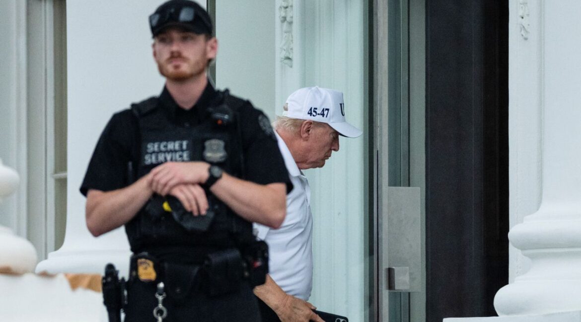 Image of President Trump in golf clothes facing right and walking into the White House behind an armed Secret Service agent dressed in a black uniform