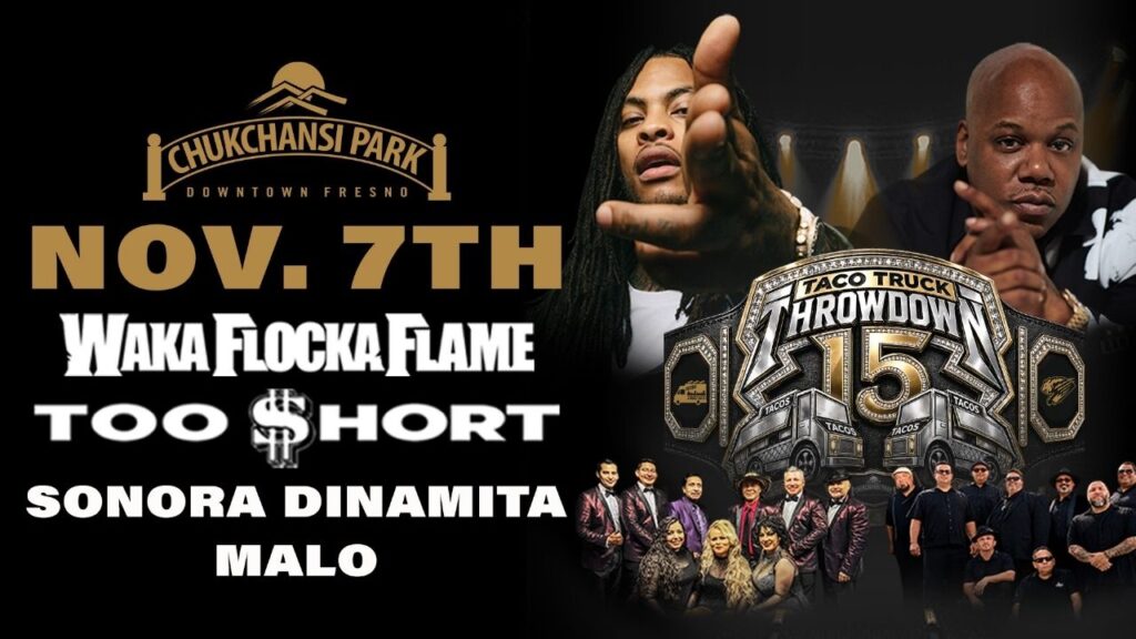 Taco Truck Throwdown 15 will return to Chukchansi Park on Nov. 7 with performances from Waka Flocka Flame, Too $hort, La Sonora Dinamita and Malo, alongside more than two dozen taco vendors competing in Fresno’s annual festival. (Fresno Grizzlies)