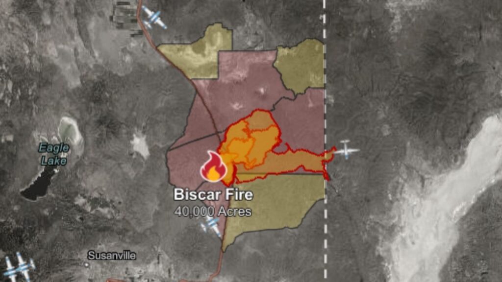 The Biscar Fire has burned about 40,000 acres, crossed into Nevada and prompted evacuations as crews work to contain the blaze that remains 5% contained in Lassen County. (CalFire)