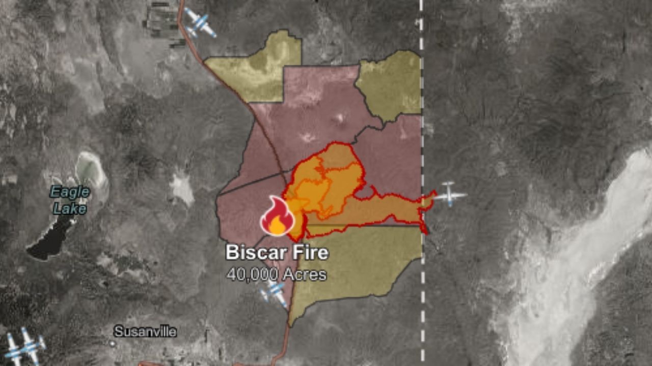 The Biscar Fire has burned about 40,000 acres, crossed into Nevada and prompted evacuations as crews work to contain the blaze that remains 5% contained in Lassen County. (CalFire)
