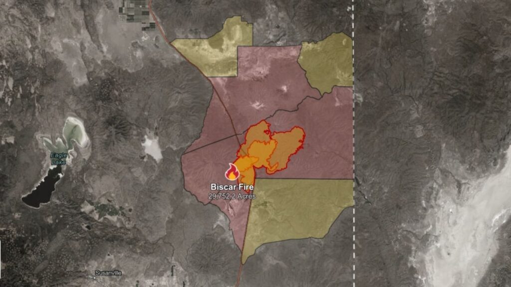 The Biscar Fire in Lassen County has burned 29,752 acres and is 5% contained, with evacuation orders and warnings in place as the cause remains under investigation. (CalFire)