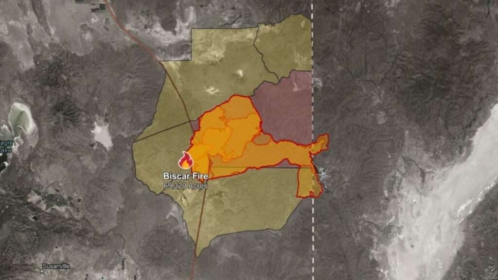 The Biscar Fire in Lassen County has burned 69,344 acres and is 42% contained as firefighters prepare for critical fire weather expected to increase fire activity through the weekend. (CalFire)