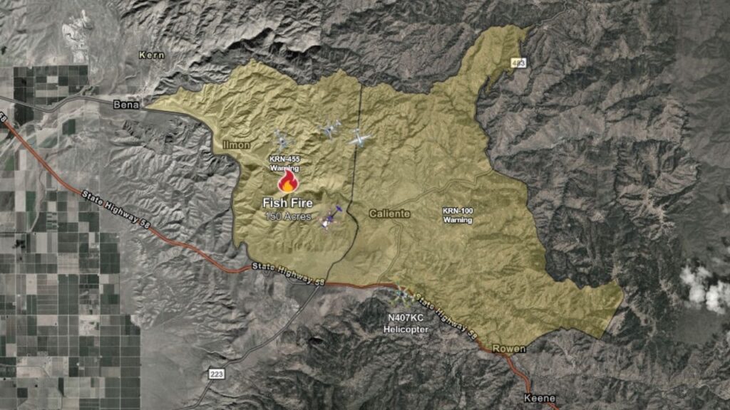 The Fish Fire burned 150 acres with no containment Monday near Keene, prompting evacuation warnings for two Kern County zones as crews responded. (CalFire)