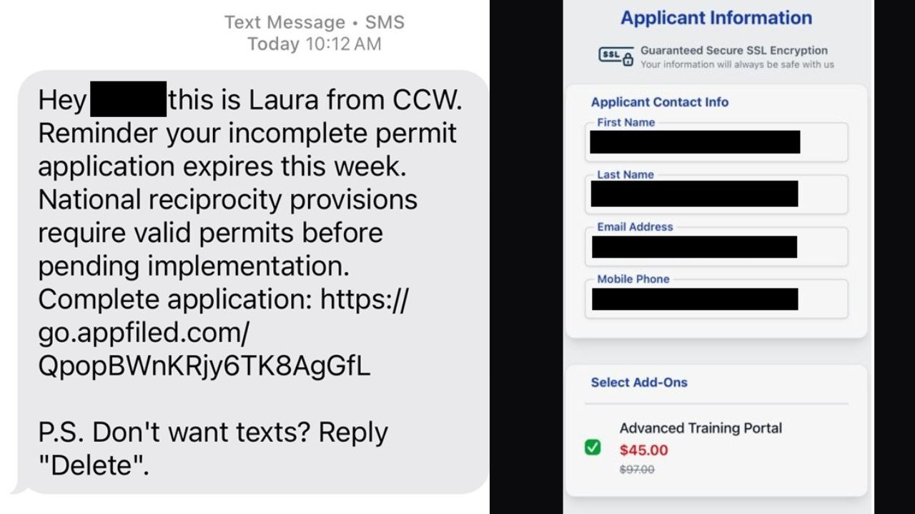 The Fresno County Sheriff's Office is warning residents about a text message scam falsely claiming recipients must pay a $45 fee to complete a concealed carry permit application. (Fresno County SO)