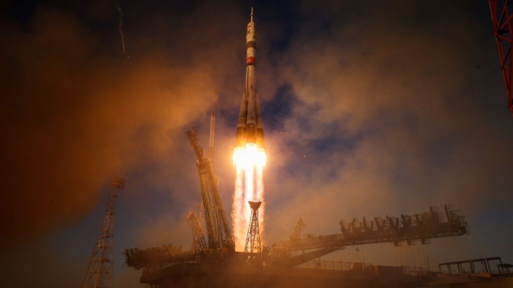 The Soyuz MS-29 spacecraft carrying NASA astronaut Anil Menon, Roscosmos cosmonauts Pyotr Dubrov and Anna Kikina lifts off to the International Space Station (ISS) from the launch pad at the Baikonur Cosmodrome, Kazakhstan, July 14, 2026. (Reuters/Pavel Mikheyev)