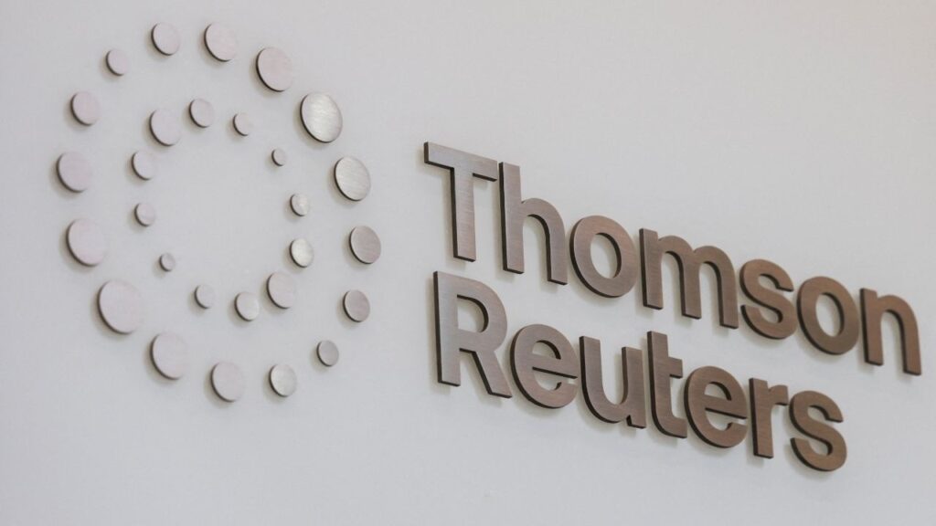 The Thomson Reuters logo is displayed on the company's building in Times Square, New York City, U.S., August 6, 2025. (Reuters/Jeenah Moon)