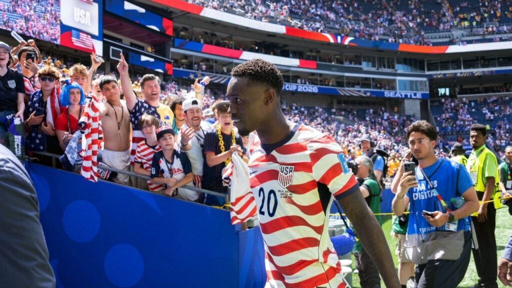 The U.S. star soccer player Folarin Balogun leaves the pitch after his team’s victory over Australia in a World Cup match in Seattle on June 19, 2026. President Donald Trump on Monday, July 6, 2026, defended his decision to request that FIFA review a ban issued to Balogun, saying he was motivated to make the extraordinary intervention because he felt that a “suspect” referee made a bad call. (Ruth Fremson/The New York Times)