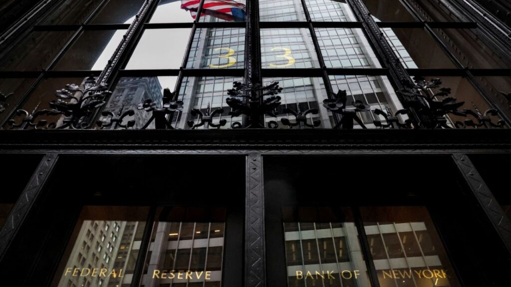 The entrance to The Federal Reserve Bank of New York is seen in New York City, U.S., March 13, 2023. REUTERS/Brendan McDermid