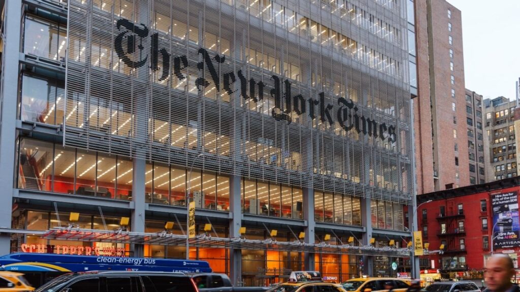 The headquarters of The New York Times in midtown Manhattan on Nov. 18, 2025. The federal government is aggressively seeking the confidential sources of Times reporters who wrote about the president’s new Air Force One. The Times has asked a judge to quash the subpoenas. (Lucia Vazquez/The New York Times)