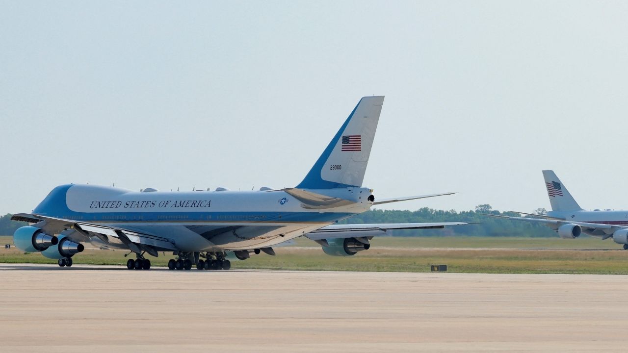 The new Air Force One, a plane gifted by the Qatari government, taxis near the old Air Force One at Joint Base Andrews, Maryland, U.S., July 1, 2026. REUTERS/Kylie Cooper