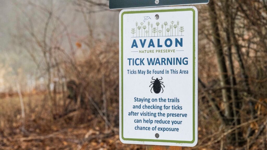 A sign at the Avalon Nature Preserve in Stony Brook, N.Y., warn about ticks, March 7, 2026. Summer is peak tick season, and with the pests comes the risk of Lyme, spotted fevers and other tick-borne illnesses. (Johnny Milano/The New York Times)