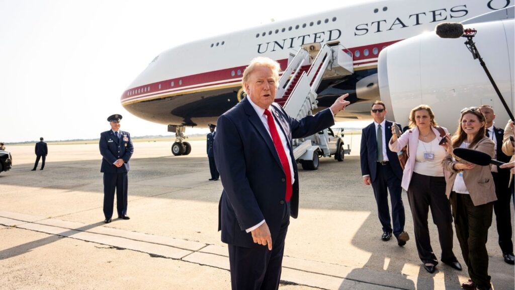 President Donald Trump prepares to board the new Air Force One at Joint Base Andrews, Md., Wednesday, July, 1 2026. The Trump administration issued subpoenas on Friday to several journalists for The New York Times, after the news outlet reported this week on security concerns involving President Trump’s new Qatari-donated Air Force One. (Doug Mills/The New York Times)