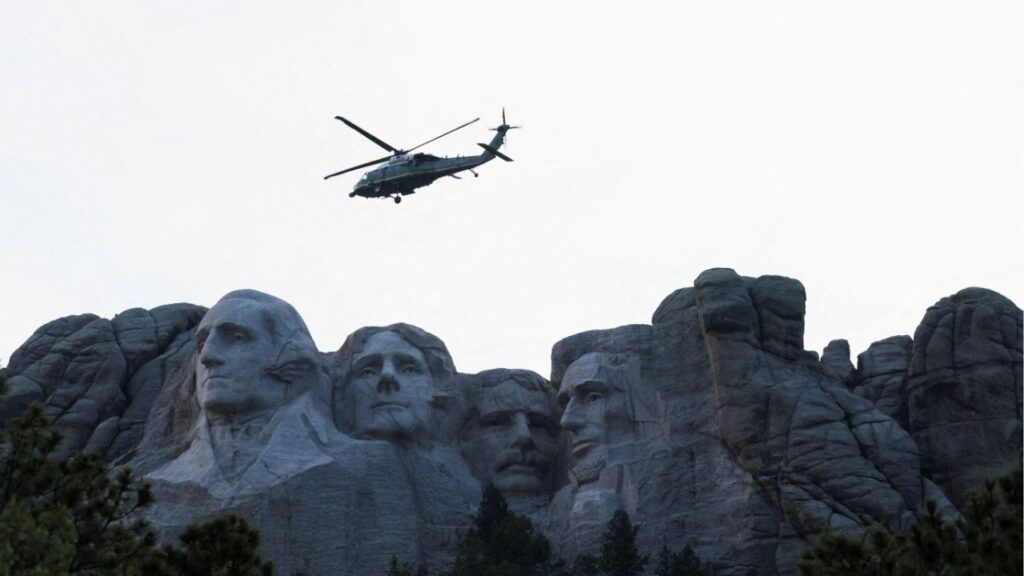 Marine One, carrying U.S. President Donald Trump, flies near Mount Rushmore in Keystone, South Dakota, U.S., July 3, 2026. Reuters/Kylie Cooper