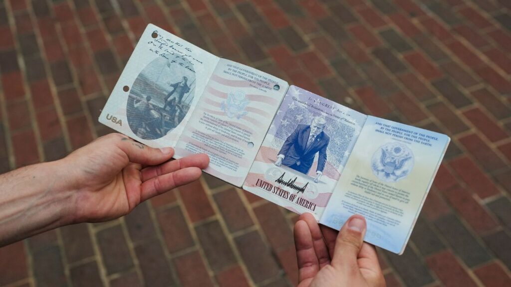Keye Horatii of New Jersey shows his old passport, left, and his newly-issued passport featuring an image of President Donald Trump, outside of the Washington Passport Agency in Washington, July 6, 2026. The Washington Passport Agency started issuing the limited-release documents with President Trump’s image on Monday, catching a few applicants by surprise. (Eric Lee/The New York Times)