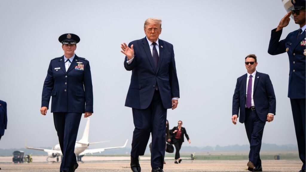 President Donald Trump departs Joint Base Andrews in Maryland, en route to New York, on Friday, July 17, 2026. Trump threatened on Friday to charge Canada tariffs to pay for harms caused by the wildfire smoke affecting American cities, joining a handful of Republican lawmakers who have criticized the Canadian government for what they claimed was poor forest management. (Haiyun Jiang/The New York Times)