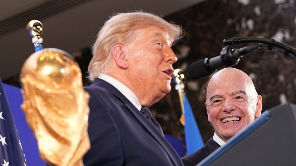President Donald Trump, left, with Gianni Infantino, president of FIFA, at a reception ahead of the World Cup final in New York, on Friday, July 17, 2026. (Haiyun Jiang/The New York Times)