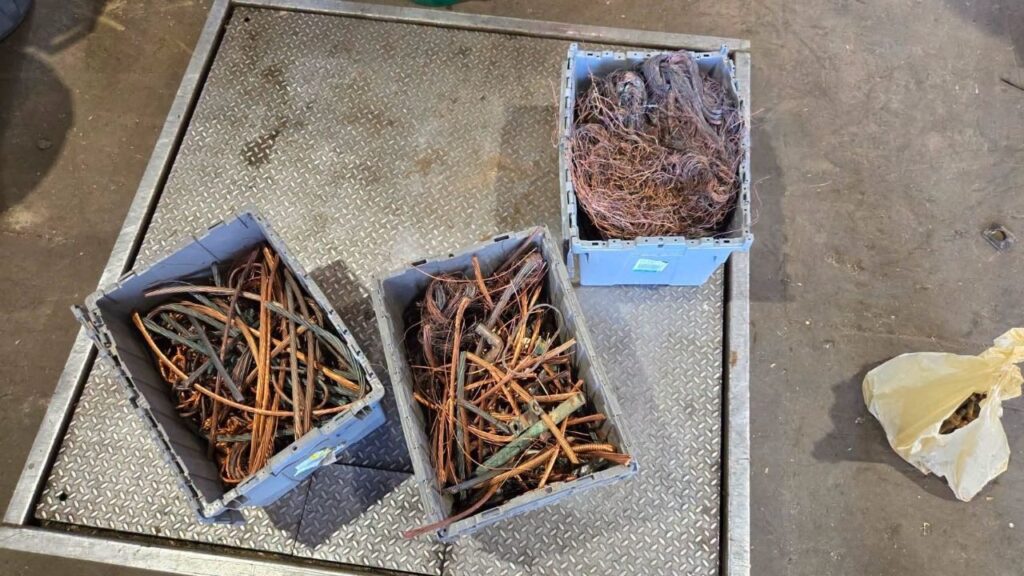 Tulare County Sheriff’s Office detectives arrested two people after recovering 185 pounds of suspected stolen copper wire, telecommunications cable and scrap metal during a traffic stop investigation. (Tulare County SO)