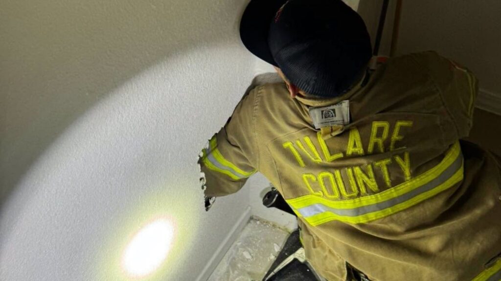 Tulare County firefighters rescued a kitten trapped inside a wall in Earlimart, and the animal was later adopted by a neighbor after its mother could not be found. (Tulare County FD)
