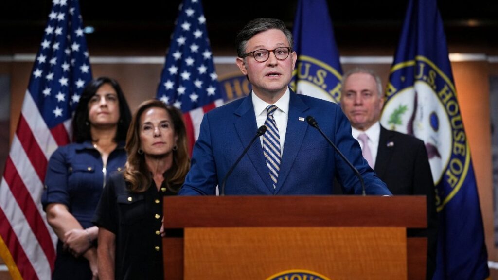 U.S. House Speaker Mike Johnson (R-LA) speaks during a press conference with Republican House Leadership, on Capitol Hill in Washington, D.C., U.S., July 21, 2026. (Reuters/Eric Lee)