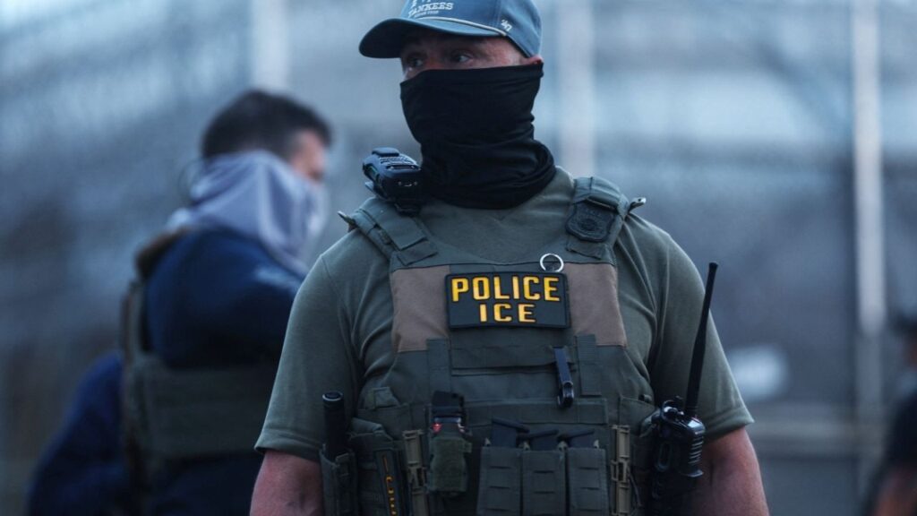 U.S. Immigration and Customs Enforcement (ICE) agents stand outside one entrance of Delaney Hall in Newark, New Jersey, U.S., May 27, 2026. (Reuters/Shannon Stapleton)