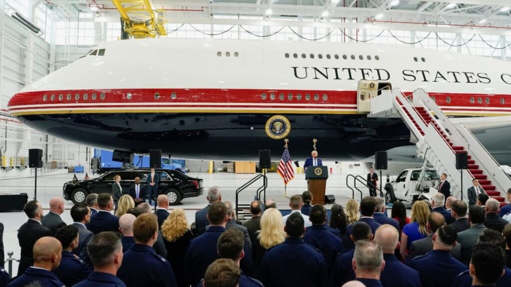 U.S. President Donald Trump delivers a speech as he stands in front of the VC-25B aircraft gifted by Qatar that will be used as Air Force One, at Joint Base Andrews, Maryland, U.S., June 19, 2026. REUTERS/Elizabeth Frantz