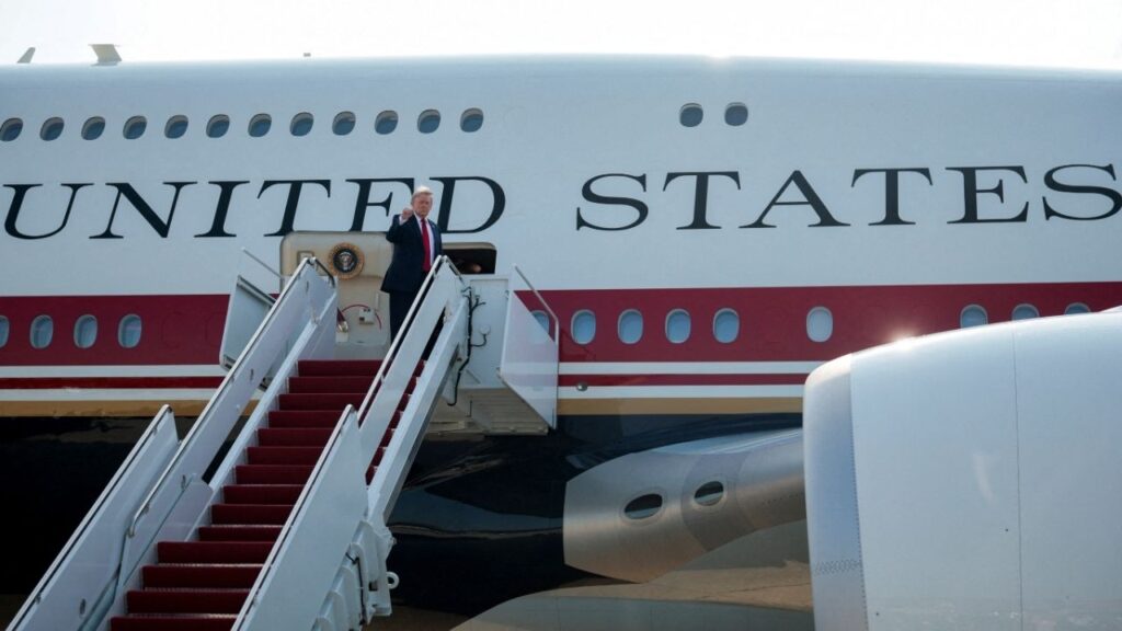 U.S. President Donald Trump gestures as he boards the new Air Force One, a plane gifted by the Qatari government, at Joint Base Andrews, Maryland, U.S., July 1, 2026. REUTERS/Evan Vucci