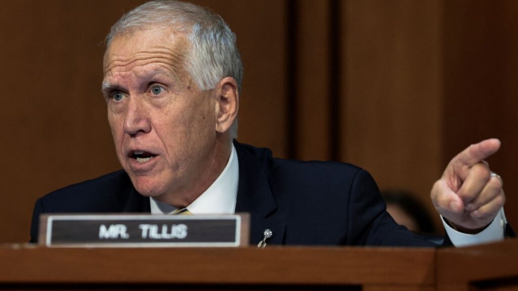 U.S. Senator Thom Tillis (R-NC) speaks during Acting U.S. Attorney General Todd Blanche's Senate Judiciary Committee confirmation hearing on his nomination to be attorney general, on Capitol Hill in Washington, D.C., U.S., July 15, 2026. REUTERS/Evelyn Hockstein