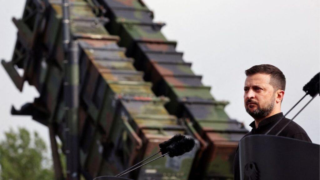 Ukrainian President Volodymyr Zelenskiy looks on during a visit to a military training area to find out about the training of Ukrainian soldiers on the “Patriot” anti-aircraft missile system, at an undisclosed location, in Germany, June 11, 2024. Jens Buttner/Pool via REUTERS