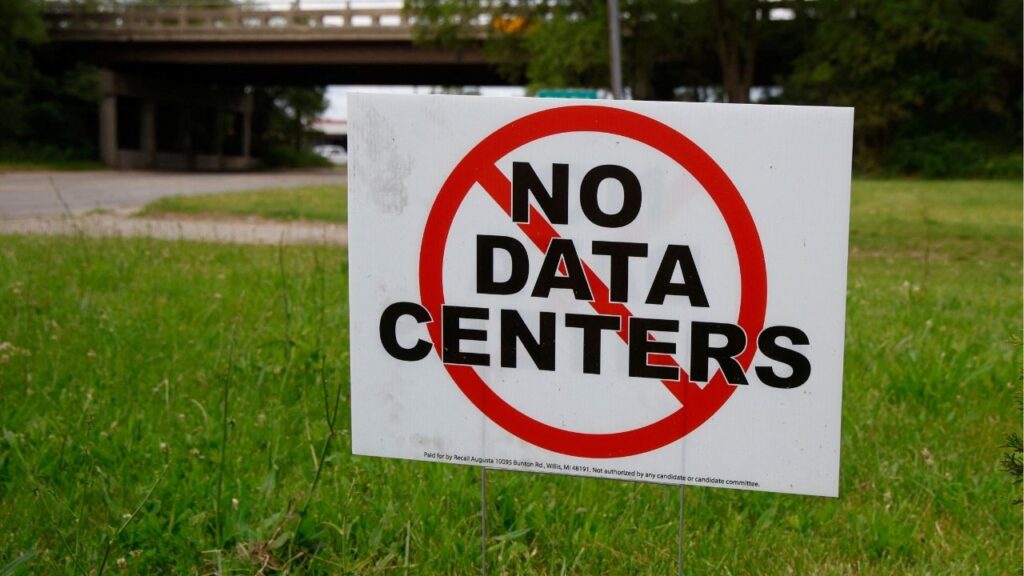 A view of a "No Data Center Traffic" sign in Ann Arbor, Michigan, U.S. June 24, 2026. Reuters/Rebecca Cook