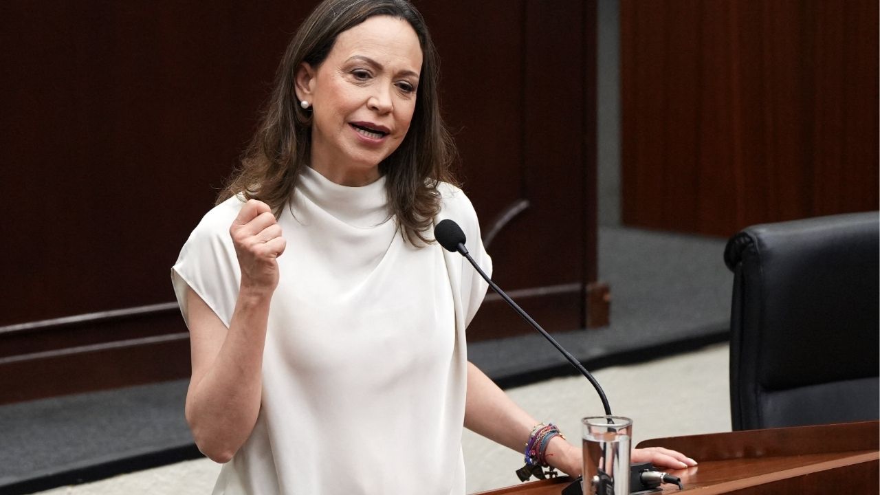 Venezuelan opposition leader Maria Corina Machado speaks during a visit at the National Assembly in Panama City, Panama, May 25, 2026. REUTERS/Enea Lebrun
