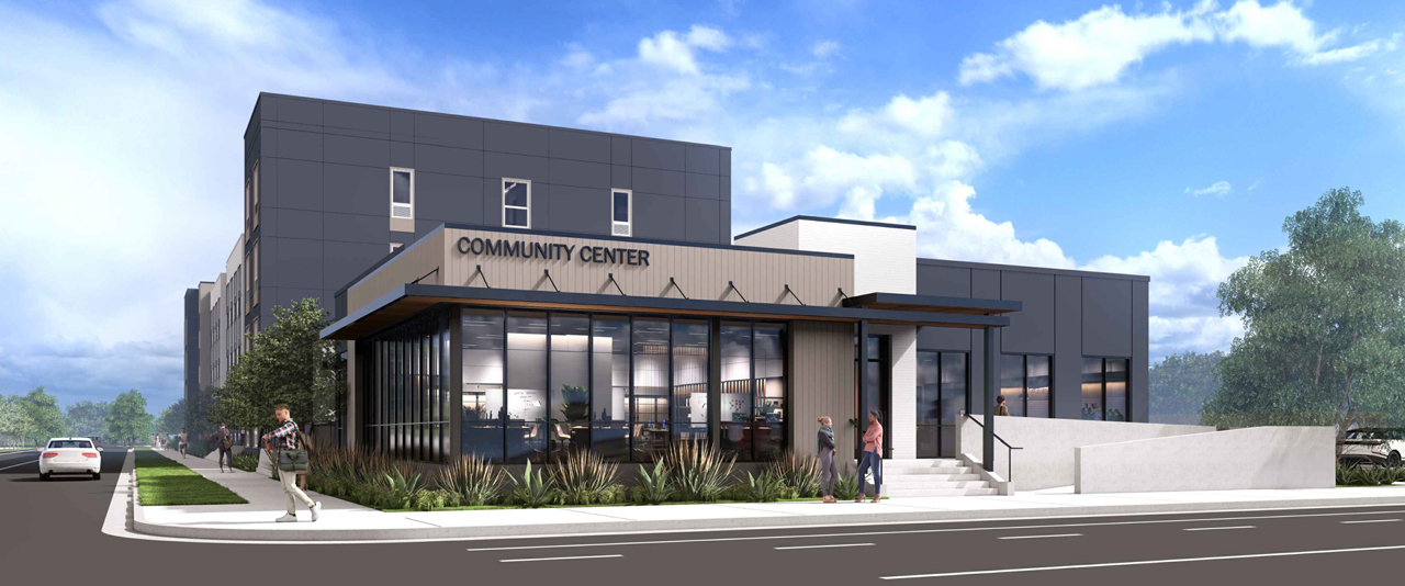 Architectural rendering of a community center and affordable housing for farmworkers in Fresno, California