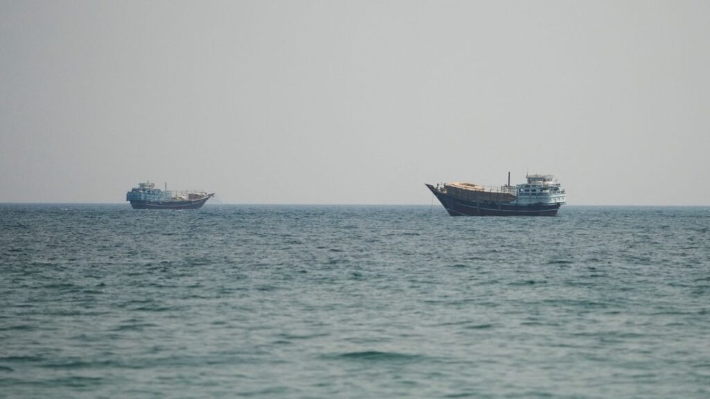 Vessels at the Strait of Hormuz, as seen from Musandam, Oman, July 12, 2026. (Reuters/Stringer)
