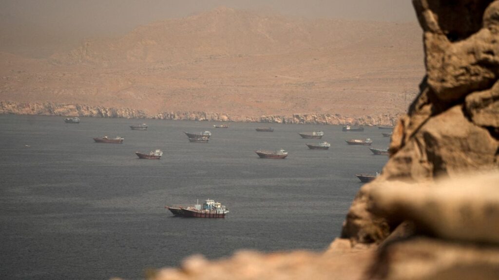 Vessels at the Strait of Hormuz, as seen from Musandam, Oman, June 18, 2026. (Reuters/Stringer)