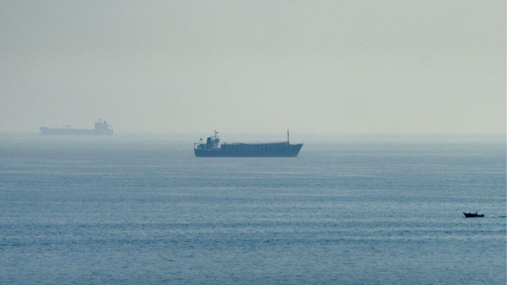 Vessels in the Strait of Hormuz, as seen from Musandam, Oman, July 31, 2026. (Reuters/Stringer)
