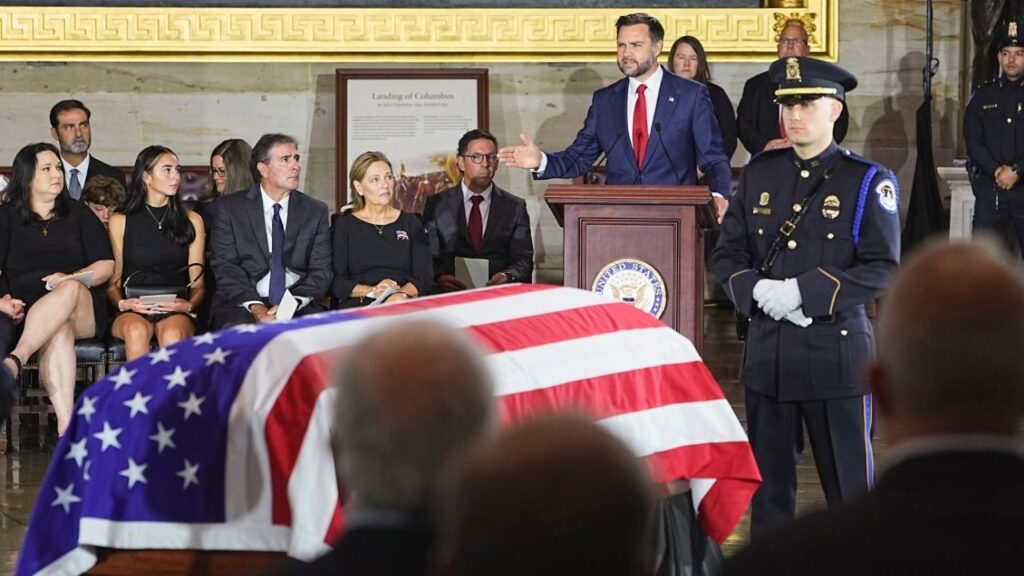Vice President JD Vance speaks during the funeral service of Sen. Lindsay Graham (R-S.C.) in the Rotunda of the Capitol in Washington, Tuesday, July 28, 2026. Graham, the Trump opponent turned outspoken ally who died at 71 this month, will be honored with two days of funeral services this week. (Haiyun Jiang/The New York Times)