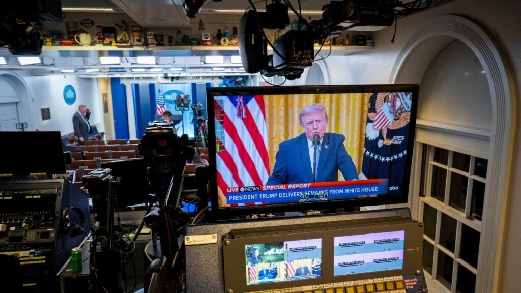 Video monitors in the White House briefing room in Washington carry a live feed of President Donald Trump as he addresses the nation on Thursday, July, 16, 2026. President Trump made at times outlandish claims about the safety of American voting systems in a White House address on Thursday night, drawing selectively from documents his aides published online to falsely claim elections were “rigged” and “stolen.”.(Doug Mills/The New York Times)