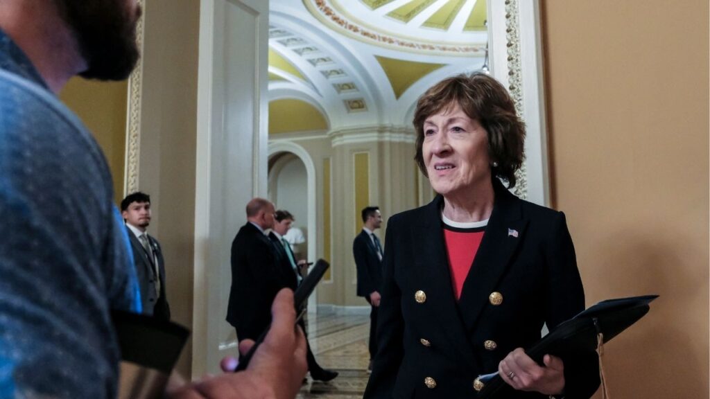 Sen. Susan Collins (R-Maine) speaks with reporters at the U.S. Capitol in Washington on Thursday night, June 4, 2026. A meaningful portion of Graham Platner’s coalition was either looking to move on from Collins’s nearly 30-year Senate tenure. (Michael A. McCoy/The New York Times)