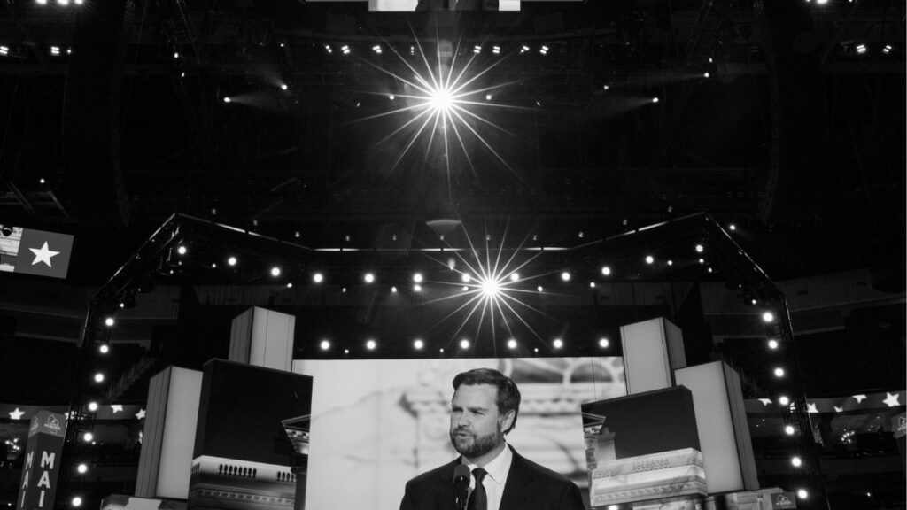 JD Vance, then senator of Ohio, speaks at the Republican National Convention in Milwaukee on June 17, 2024. (Damon Winter/The New York Times)
