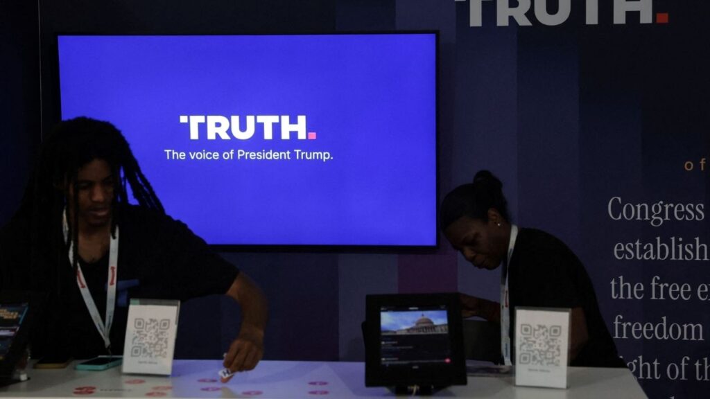 Workers straighten the Truth Social booth at the Great American State Fair celebrating the 250th anniversary of U.S. independence in Washington, D.C., U.S., July 2, 2026. (Reuters/Jonathan Ernst)