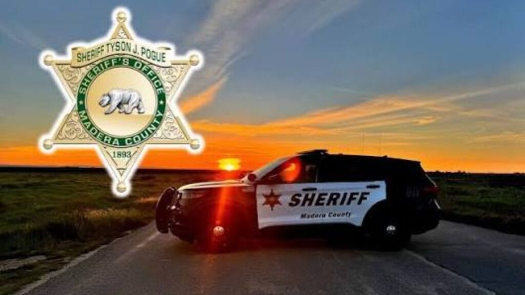 Composite image of a Madera County sheriff's cruiser and sheriff's badge against a sunset