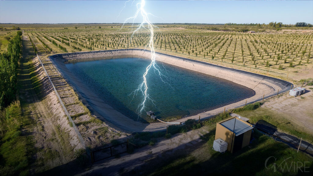Composite image of a lightning bolt striking blue water in an ag water storage basin
