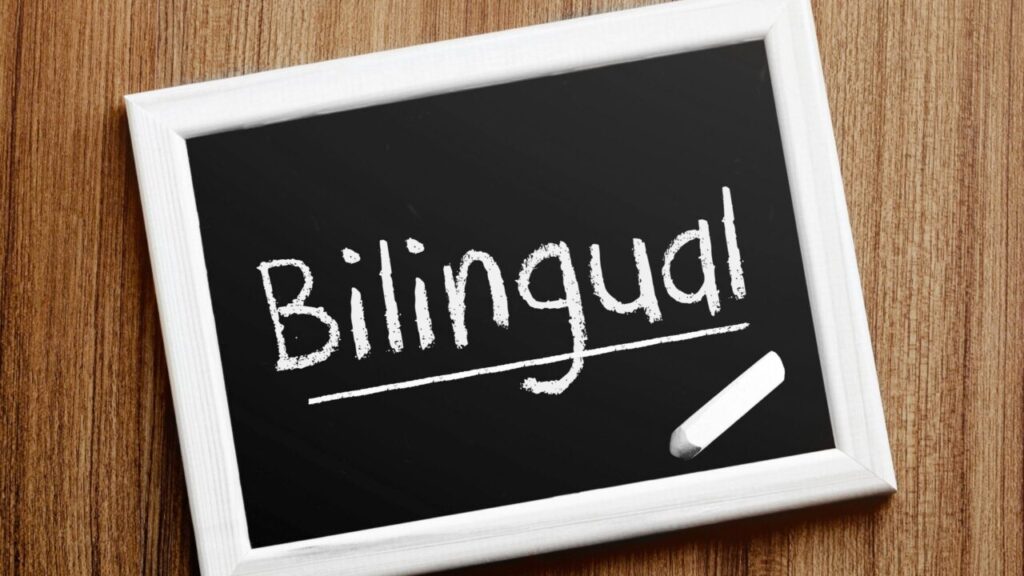 Composite image of the word "bilingual" written with white chalk on a blackboard against a brown wooden background