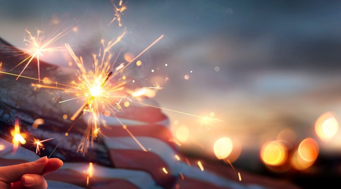 Fourth of July composite image with fireworks, American flag, and illuminated sky