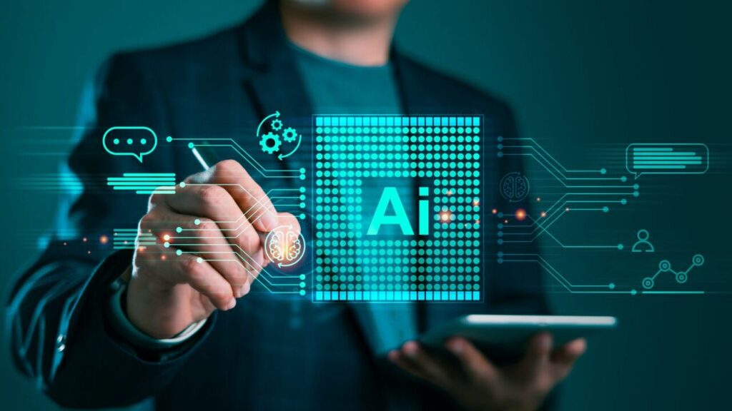 Composite image of a person accessing AI technology