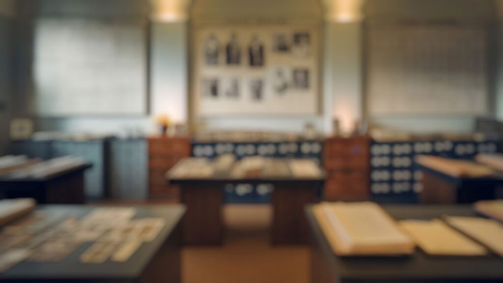 Blurred image of a genealogy and history archives room